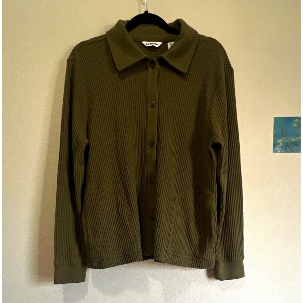 Lands' End Women's Cotton Knit Button-Front Cardigan Green M Collared Pockets